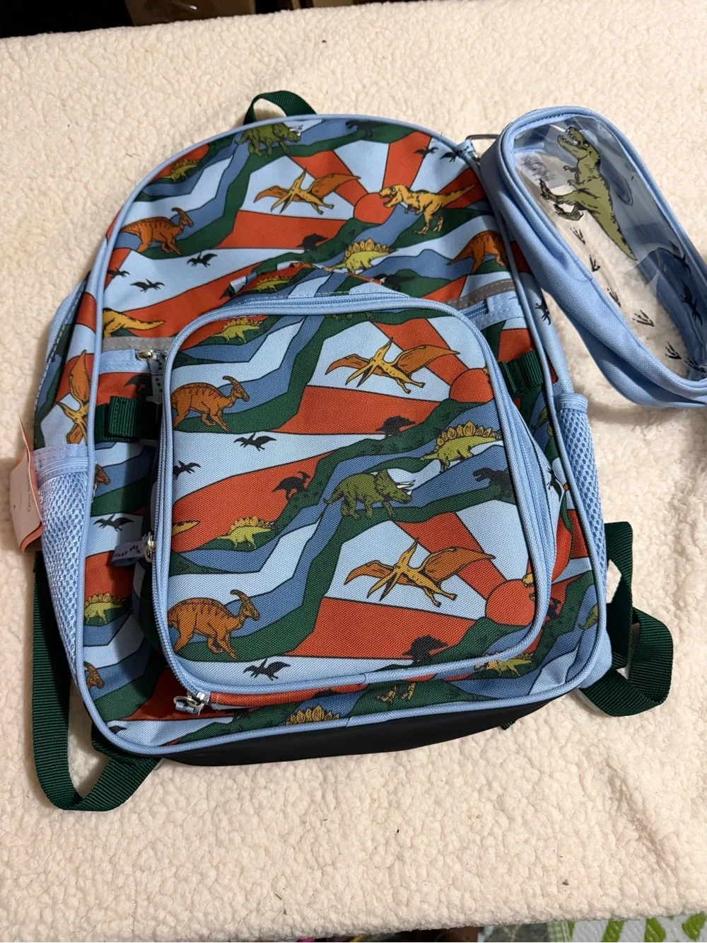 Light Blue Kids Backpack and Pencil Case with Colorful Dinosaur Print